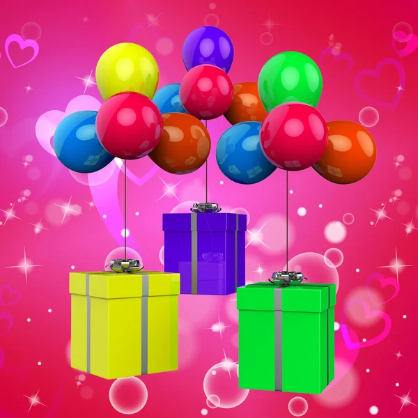 Luftballons mit Geschenken zeigen Geburtstagsfeier-Dekoration — Stockfoto