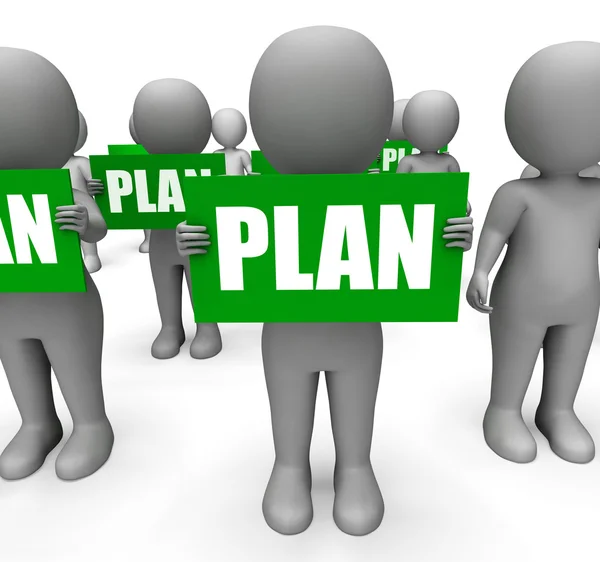 Characters Holding Plan Signs Show Objectives And Plans — Stock Photo, Image