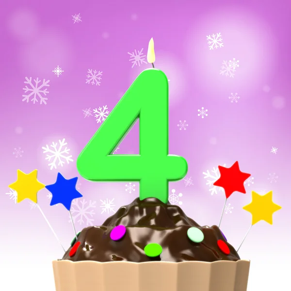 Vier kaars op cupcake toont kleurrijke hagelslag en desserts — Stockfoto