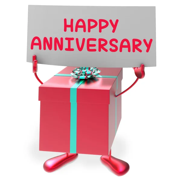 Happy Anniversary Sign and Gift Shows Cheerful Festivities and P — Stock Photo, Image