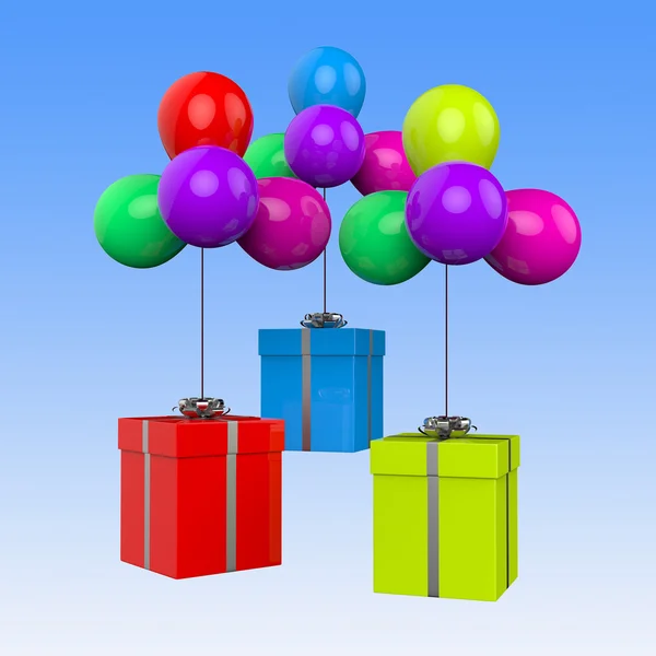 Balões com presentes mostram festa de aniversário ou presentes coloridos — Fotografia de Stock