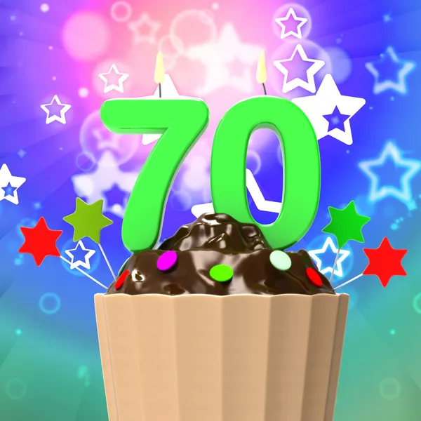 Siebzig Kerzen auf Cupcake bedeuten fröhliches Ereignis oder buntes Fest — Stockfoto
