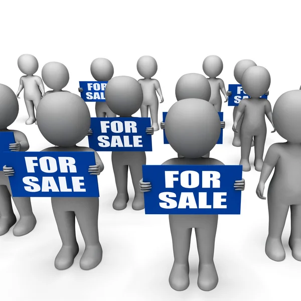 Персонажи холдинга для продажи знаков показывают предложения и акции — стоковое фото