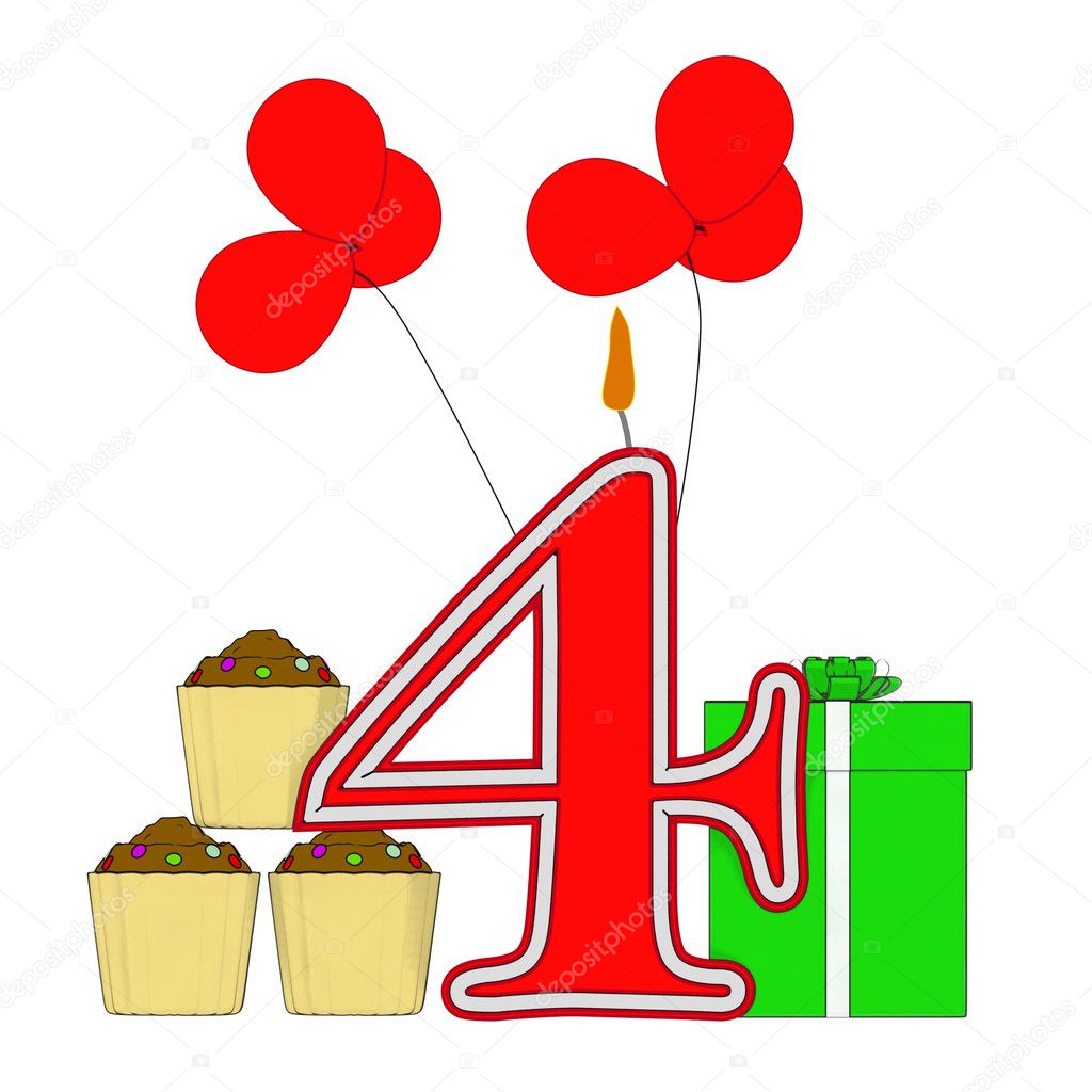Number Four Candle Means Multi Coloured Decorations Or Birthday