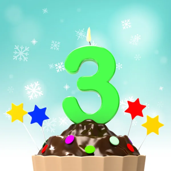 Three Candle On Cupcake Shows Toddler Birthday Party Or Celebrat — Stock Photo, Image