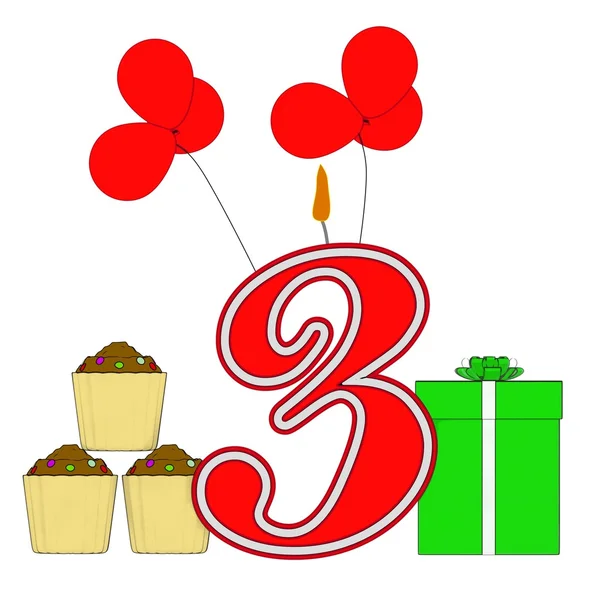 Numéro trois bougie montre cadeaux d'anniversaire et cupcakes — Photo
