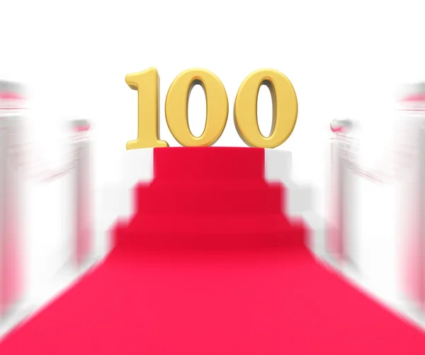 Golden One Hundred On Red Carpet Displays Movie Industry Anniver — Stock Photo, Image