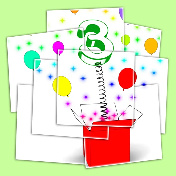 Number Three Surprise Box Displays Celebration And Colourful Bal — Stock Photo, Image