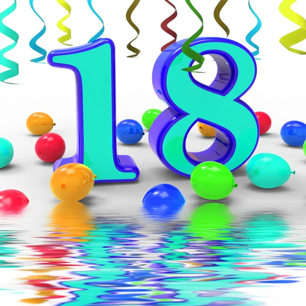 Number Eighteen Party Displays Colourful Teen Celebration Or Eve — Stock Photo, Image