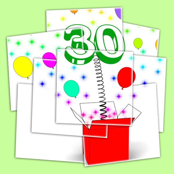 Number Thirty Surprise Box Displays Sparks And Balloons Explosio — Stock Photo, Image