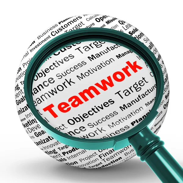 Teamwork Lupe Definition bedeutet Einheit und Partnerschaft — Stockfoto