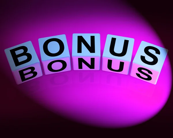 Bonus Dice Indicate Promotional Gratuity Benefits and Bonuses — Stock Photo, Image