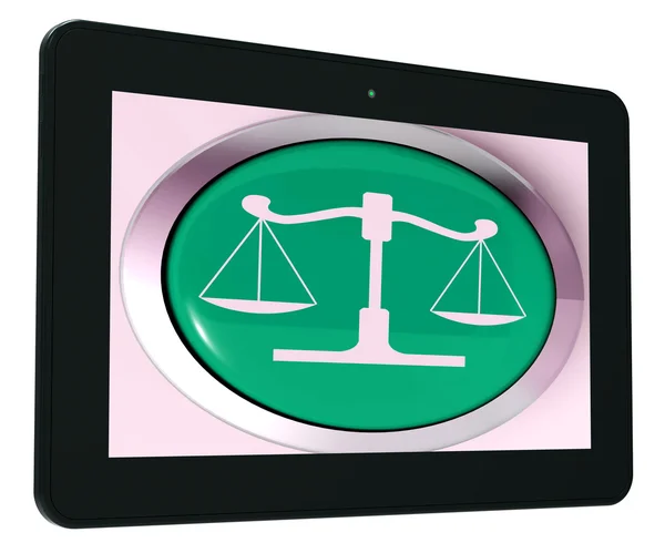 Escalas de justiça Tablet significa julgamento da lei — Fotografia de Stock