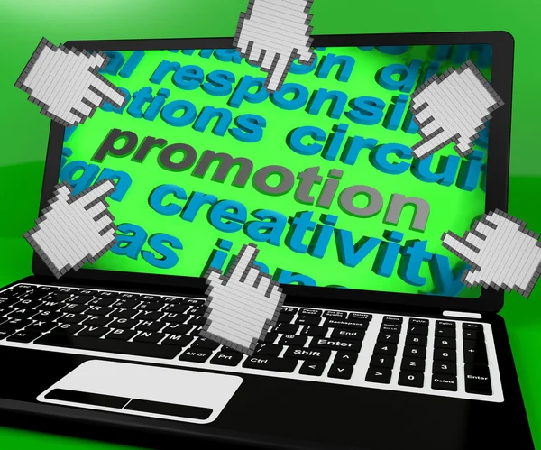 Promotion Laptop Screen Shows Marketing Campaign Or Promo — Stock Photo, Image