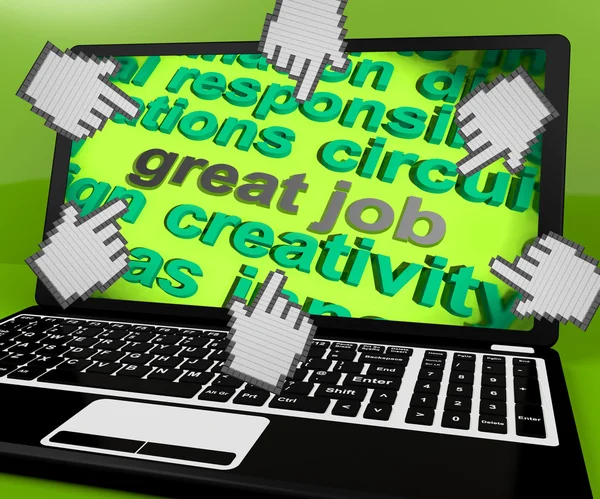 Great Job Laptop Screen Shows Awesome Work and Positive Feedback — стоковое фото