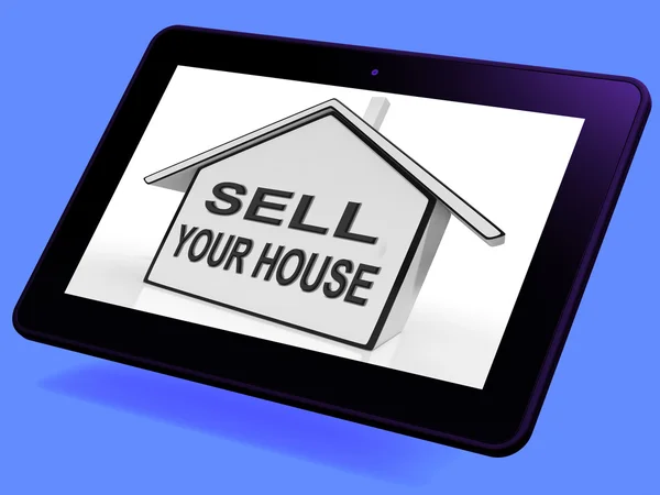 Prodávate váš dům domů tablet ukazuje výpis nemovitostí — Stock fotografie