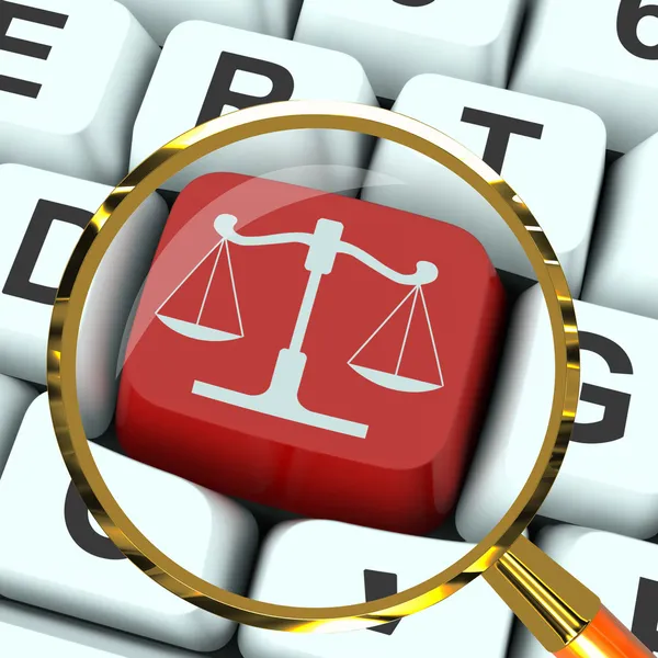 Scales Of Justice Key Magnified Means Law Trial — Stock Photo, Image