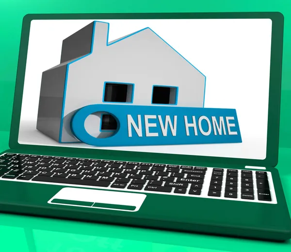 New Home House Laptop Means Finding And Purchasing Property — Stock Photo, Image