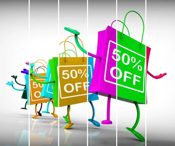 Fifty-Percent Off Shopping Bags Show Sales, Bargains, and Discou — Stock Photo, Image