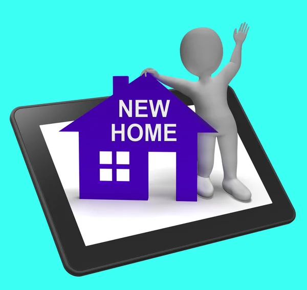 New Home House Tablet Shows Buying Property And Moving In — Stock Photo, Image