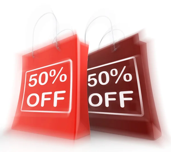 Padesát procent off na tašky ukazuje 50 obchodů — Stock fotografie