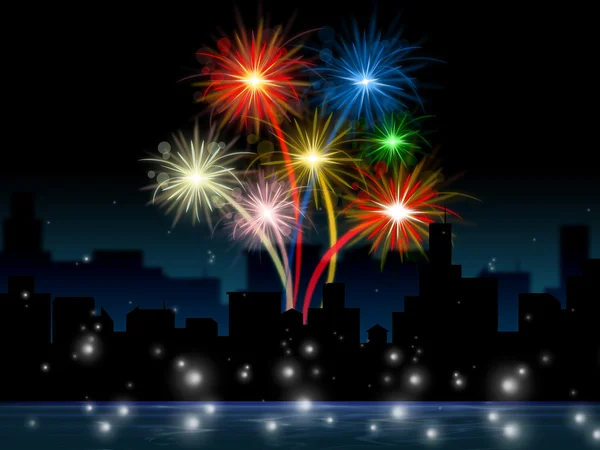 Fireworks Evening Shows Explosion Background And Buildings — Stock Photo, Image