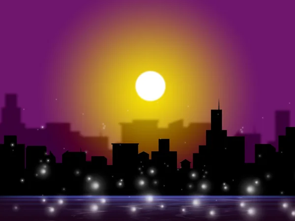 Günbatımı şehir ve karanlık gece saati gösterir — Stok fotoğraf