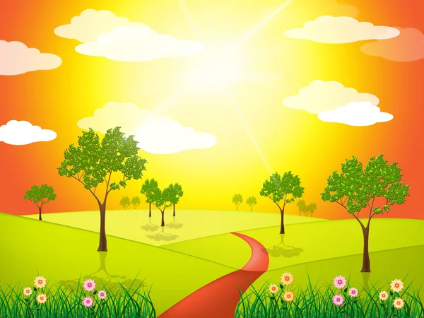 Gras platteland geeft aan zonne-scène en zonnige — Stockfoto
