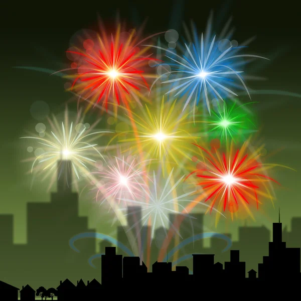 Fireworks City Indicates Night Sky And Celebration — Stock Photo, Image