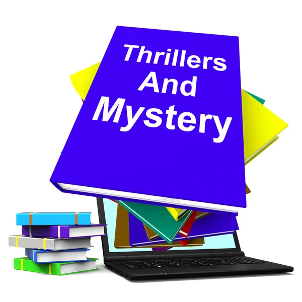 Thrillers and Mystery Book Laptop muestra libros de ficción de género — Foto de Stock