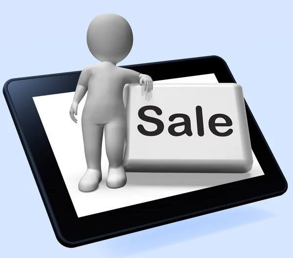 Bouton de vente avec la tablette de caractère montre les promotions et les affaires — Photo