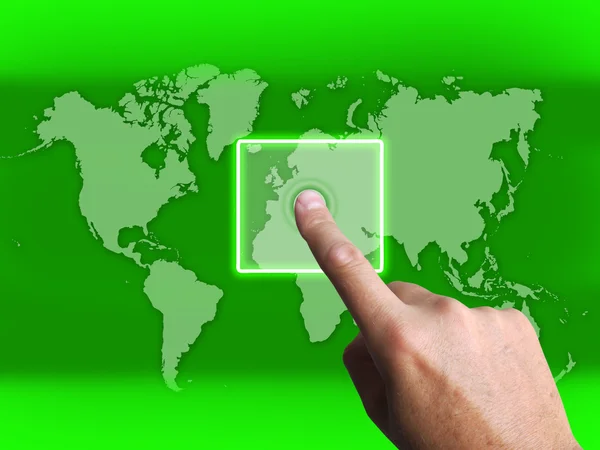 Hand Touch Touchscreen On World Map Shows Internet Web — Stock Photo, Image