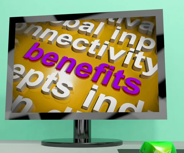 Benefits Word Cloud Screen Shows Advantage Reward Perk — Stock Photo, Image