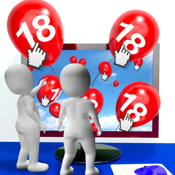 Number 18 Balloons from Monitor Show Internet Invitation or Cele — Stock Photo, Image