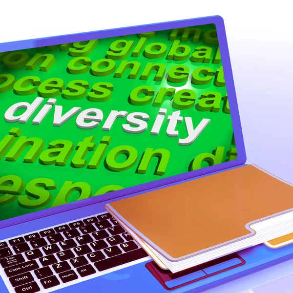 Diversiteit woord wolk laptop toont multiculturele diverse cultuur — Stockfoto