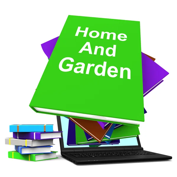 Home And Garden Book Stack Laptop Shows Books On Household Garde — Stock Photo, Image