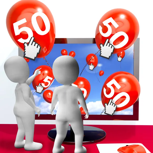 Počet 50 balónků z monitoru zobrazovat internet pozvání nebo cele — Stock fotografie