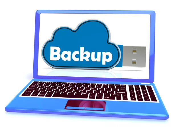 Back-geheugen stick laptop toont bestanden en opslag van de wolk — Stockfoto