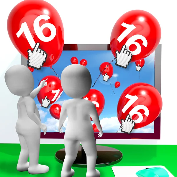 Nummer 16 ballonger från monitorn visar internet inbjudan eller cele — Stockfoto