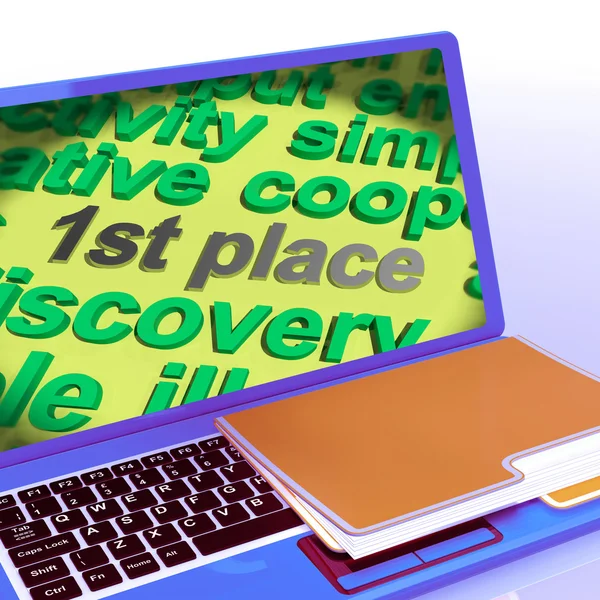 Il primo posto Word Cloud Laptop mostra il primo vincitore ricompensa e successo — Foto Stock