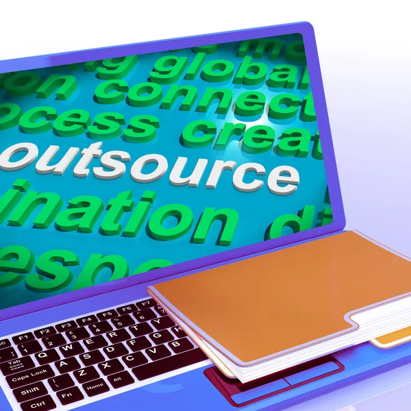 Outsource Word Cloud Laptop muestra subcontrato e independiente — Foto de Stock