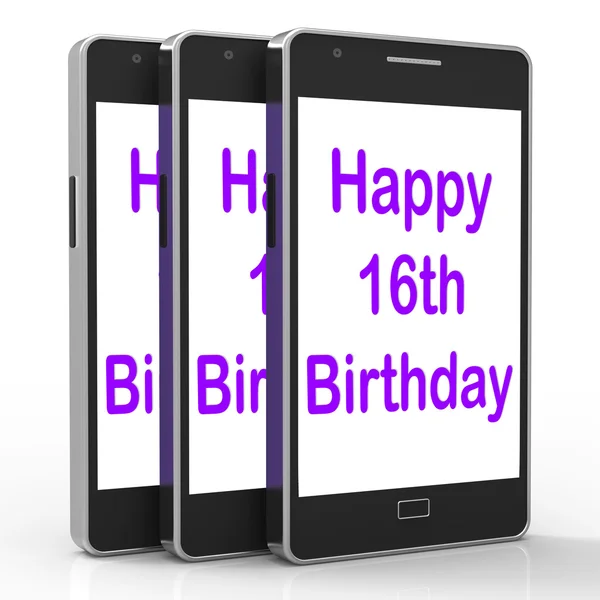 Счастливый 16-й день рождения на телефоне означает Шестнадцатый — стоковое фото