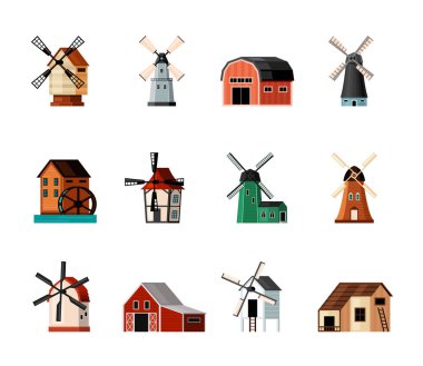 Retro yel değirmenleri hazır. Un öğütmek için bıçakları olan renkli binalar eski ustik kırsal tasarım ve su ve elektrik türbiniyle geleneksel hava destekli mimari. Vektör tarım düzlüğü.