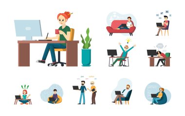 Eğitim ve iş programcıları. Bilgisayarda dijital uygulamalar geliştirenler neşeli kız ve programdaki hatalar yüzünden umutsuzluğa kapılmış kodlama testi için yeni fikirleri olan adam. Vektör düz programlama