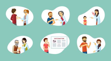 Aşılanan insanlar. Erkek ve kadın karakterler, salgın sırasında koronavirüs bağışıklık sistemine karşı korunma iğnesinden geçirilirler. Vektör düz tedavi.