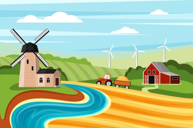 Değirmen illüstrasyonlu yaz manzarası. Tarlaları biçilmiş otlaklar ve buğday taşıyan traktör, ufuktaki çiftlik ahırı ve rüzgar türbinlerini öğütmek için karavan çekiyor. Vektör karikatür köyü