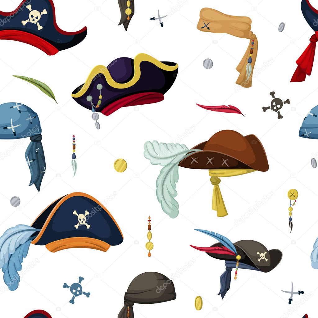 Pirate hats and scarves seamless pattern. Vintage and elaborate headwear with feathers symbols of corsair captain and sailor traditional outfit of sea robbers and raiders. Vector adventure cartoon.