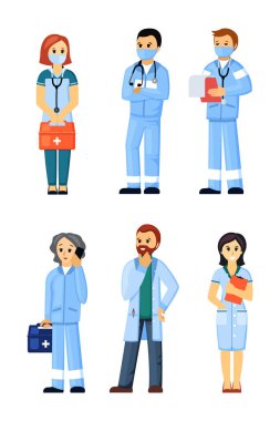 Ambulans doktorları ve hemşireler hazır. Maskeli ve cüppeli tıp uzmanları acil durum yardım servisinde kurbanlara acil durum çağrısı yapıyor. Çizgi film vektörü sağlık hizmeti.