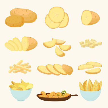 Patates ve aperatifler hazır. Cips yapmak için altın sebze ve tarım için organik zımbırtı yan yemek ve besleyici bir diyet için yuvarlak takoz. Vektör karikatür tarımı.