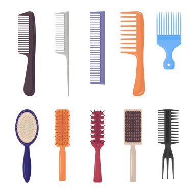 Renkli taraklar ayarlandı. Kuaför için basit ve yuvarlak masaj malzemeleri plastik ve metal aksesuarlar günlük bakım için renkli ve kullanışlı eşyalar. Çizgi film hijyen vektörü.